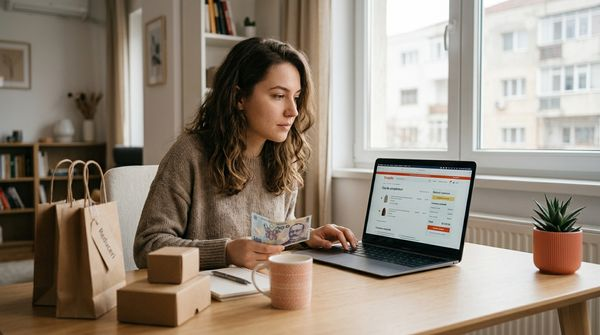 Femeie română comparând prețuri online cu bancnotă de 100 lei - puterea de cumpărare în 2026