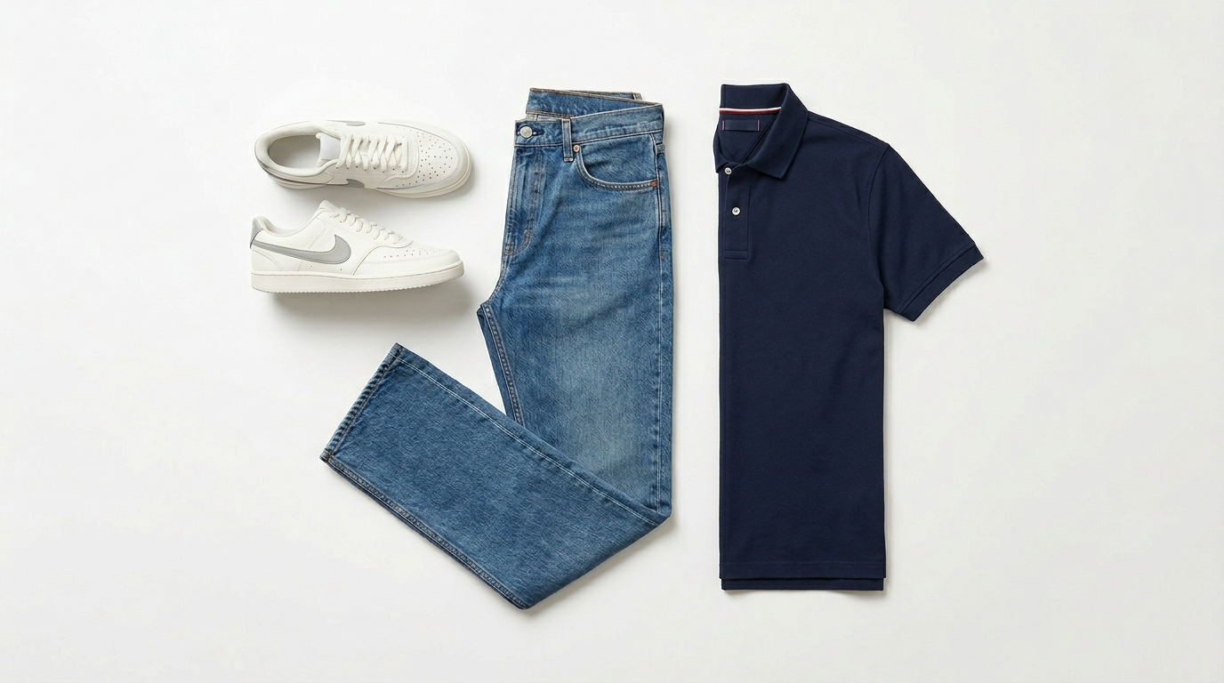 Colaj produse About You - pantaloni Levi's, adidași și tricou polo pe fundal alb, branduri disponibile pe aboutyou.ro