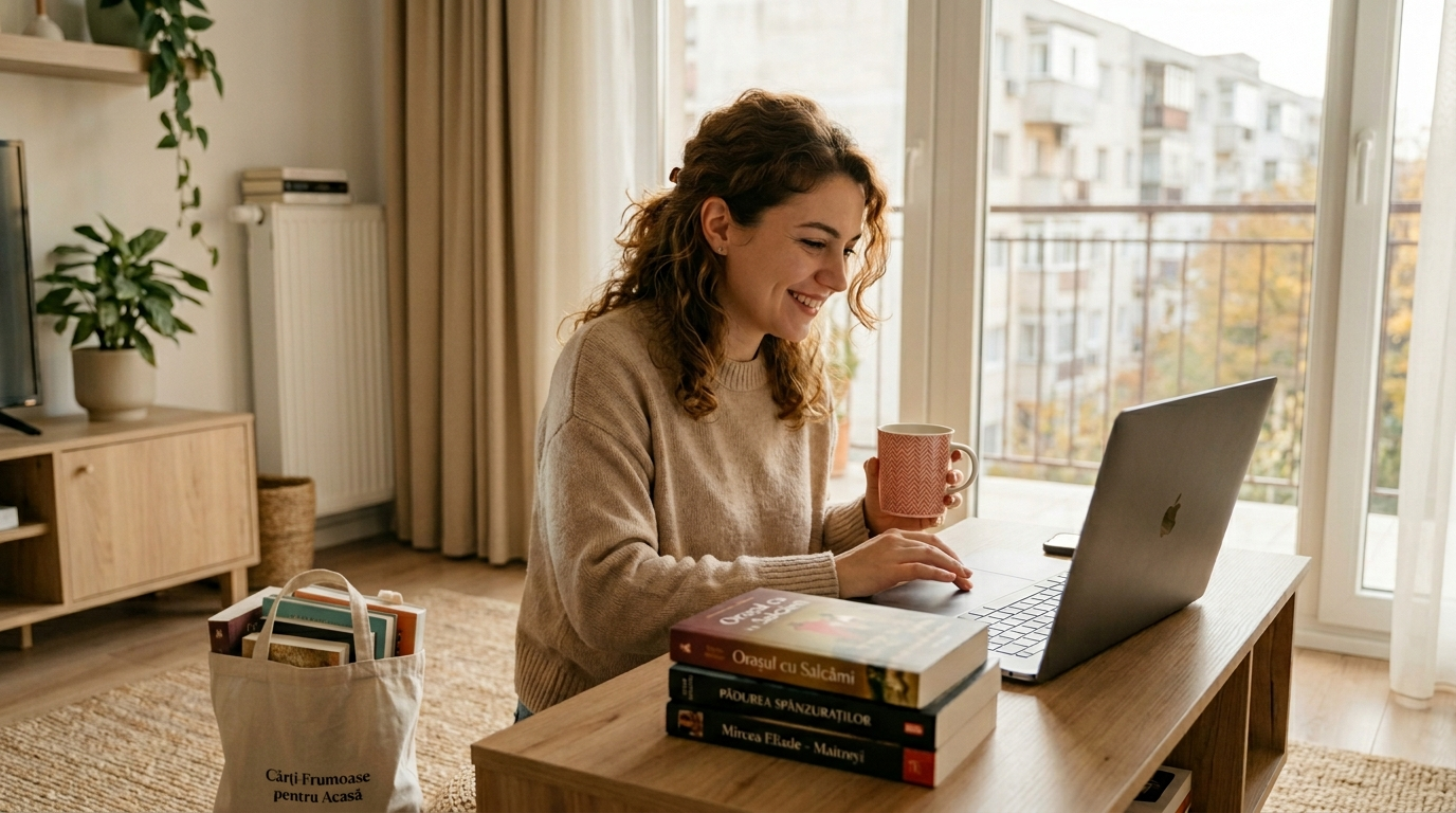 Tânără cumpărătoare din București navighează site-ul Cărturești pe laptop, cu cărți stivuite pe birou