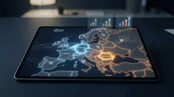 Hartă Europa pe tabletă cu date comparate cumpărături online - România vs UE