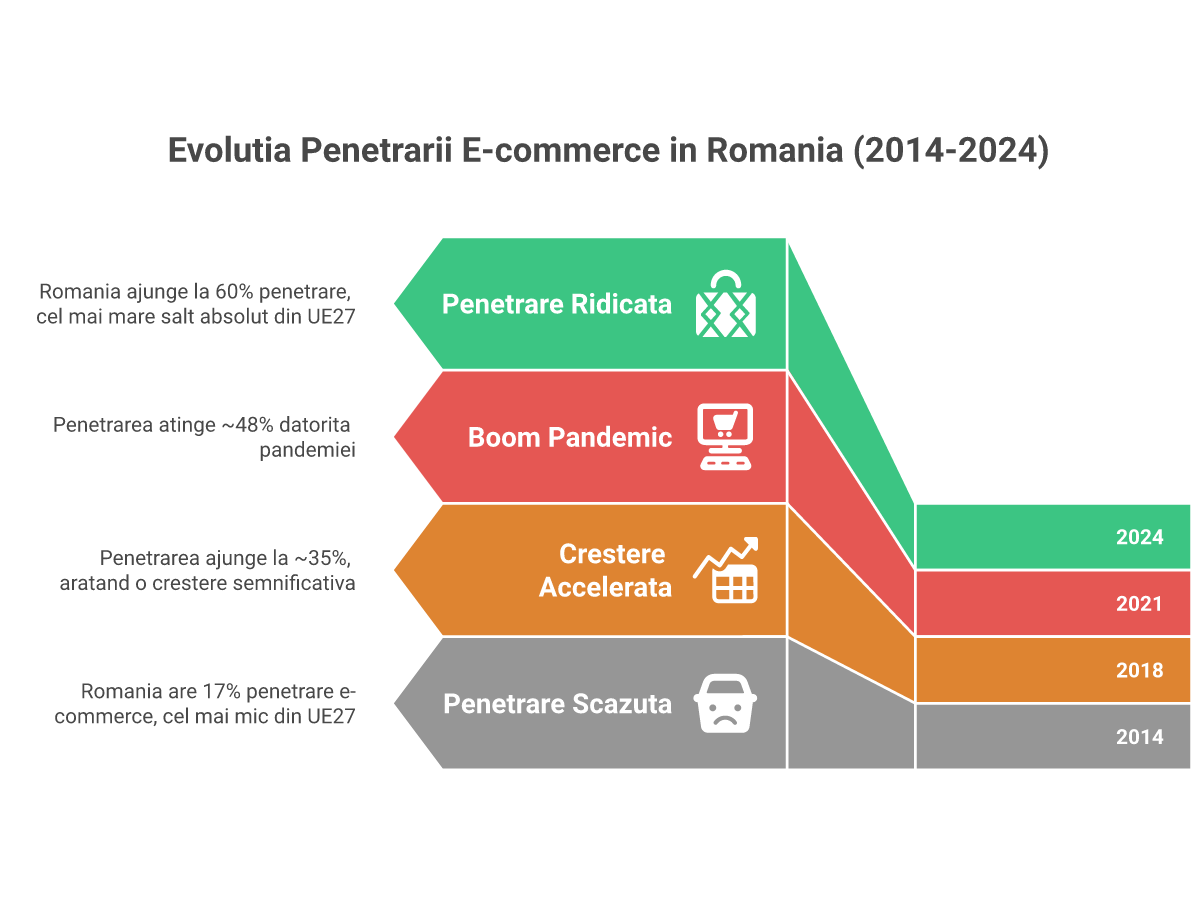 Evolutia penetrarii e-commerce Romania 2014-2024: de la 17% la 60%, cel mai mare salt din UE