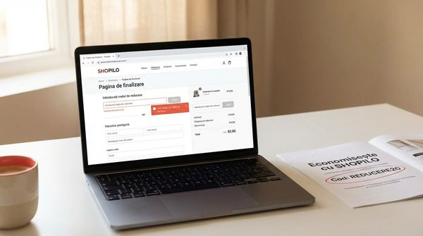 Laptop la checkout cu cod de reducere neaplicat si mesaj de eroare, document promotional alaturi