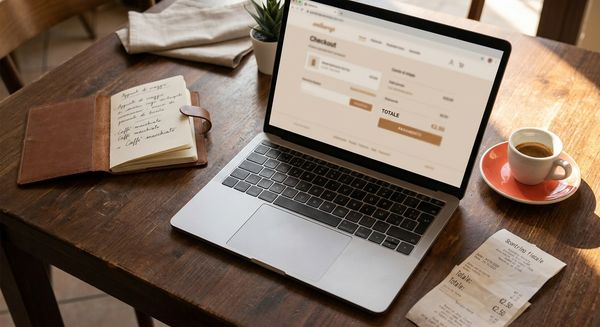 Laptop su tavolo italiano con pagina di checkout, taccuino con codice sconto, scontrino e caffe