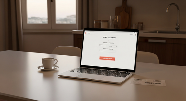 Laptop con pagina di checkout e-commerce aperta su un tavolo italiano, con tazza di caffè e buono sconto - come usare codici sconto online