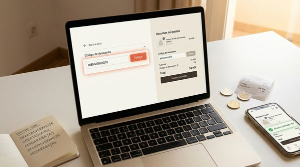 Laptop con campo de código de descuento en el checkout, notebook y smartphone en escritorio — guía de cómo usar códigos de descuento online en España