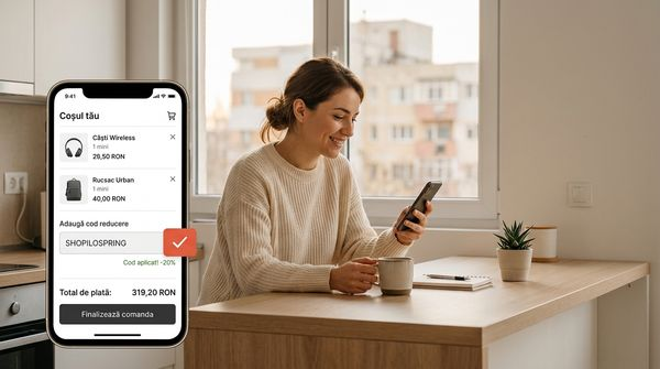Femeie care folosește coduri de reducere online pe smartphone în apartament românesc