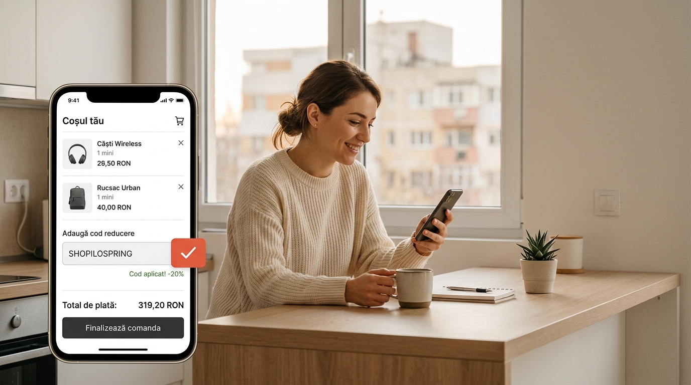 Femeie care folosește coduri de reducere online pe smartphone în apartament românesc