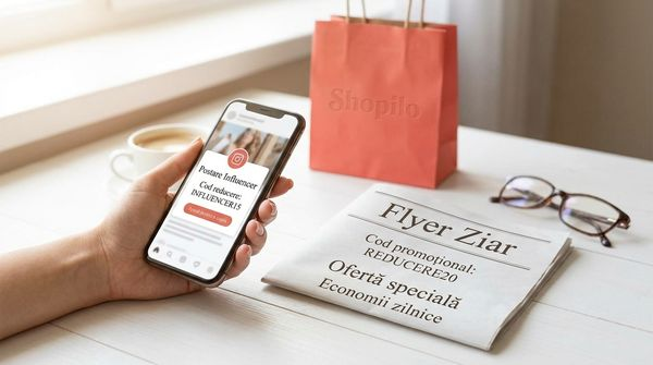Comparație coduri de reducere influenceri vs. coduri obișnuite în România - smartphone cu cod influencer și flyer cu cod promoțional