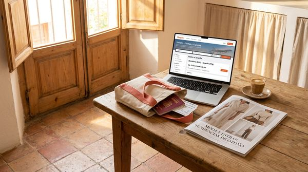 Ordenador con reserva de vuelos, bolsa de viaje y revista de moda sobre mesa española - cómo gastan los españoles online por categorías