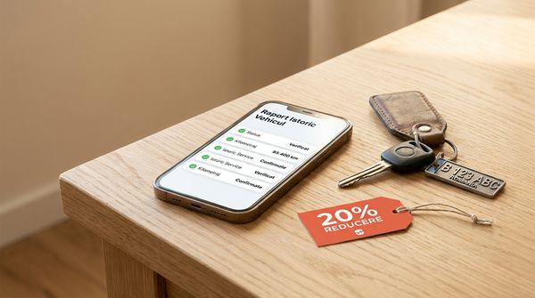 Smartphone cu raport CarVertical, chei de mașină și etichetă de reducere 20%, pe birou