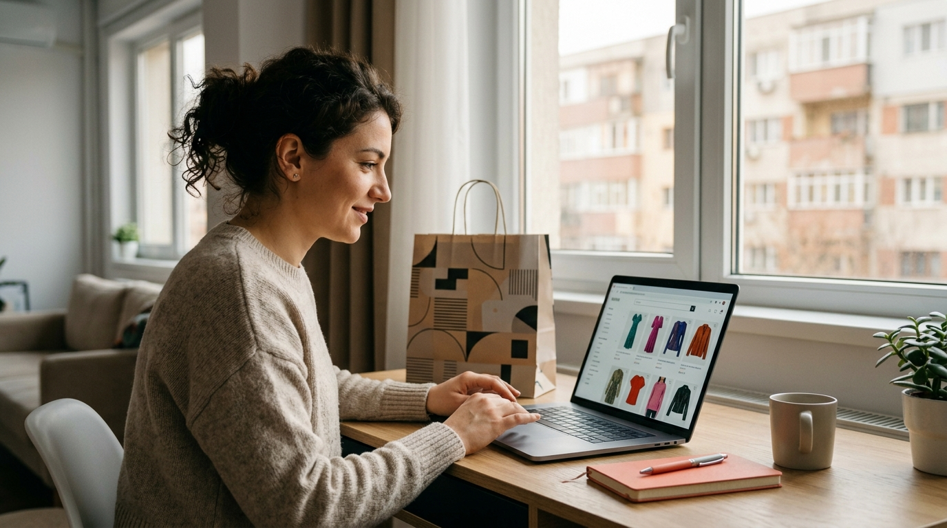 Femeie tânără care navighează pe un site de fashion online pentru a găsi reduceri la About You