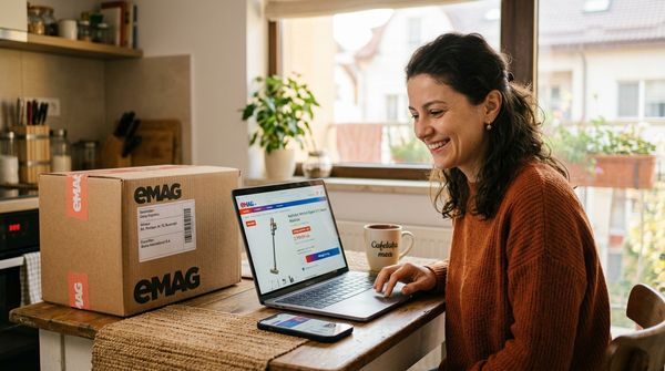 Femeie care economiseste la cumparaturi eMAG folosind laptopul si extensia Shopilo