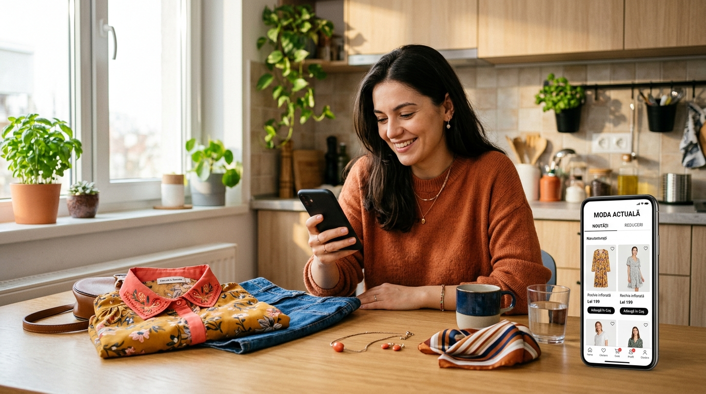 Cum sa economisesti la Sinsay: femeie tanara care face cumparaturi online prin aplicatie mobila