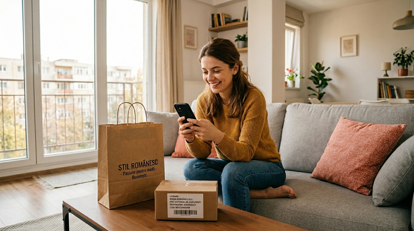 Femeie care cumpara moda online pe telefon in apartament