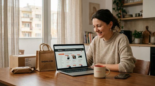 Femeie română face cumpărături online pe laptop acasă, cu pachete livrate pe masă - statistici cumpărături online România 2026