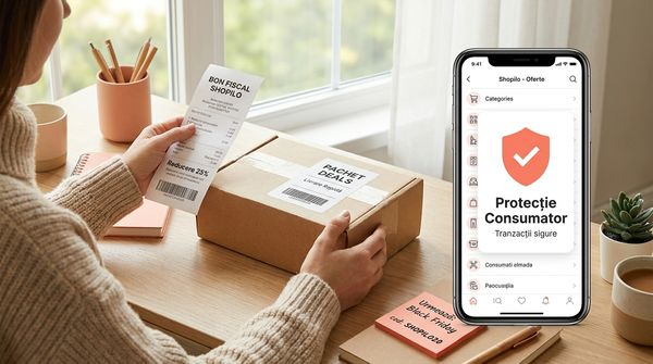 Consumator român verificând drepturile la cumpărături online - pachet, bon fiscal și telefon cu aplicație de protecție consumator