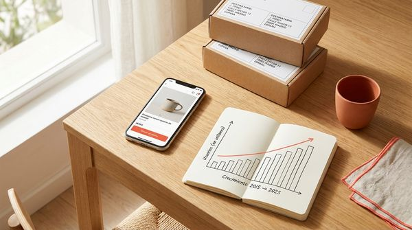 Evolución del ecommerce en España 2015-2025: smartphone con app de compras, paquetes y gráfico de crecimiento