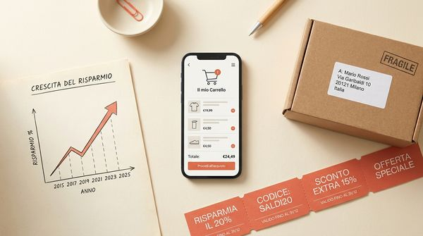 Dieci anni di e-commerce italiano: grafico di crescita 2015-2025, smartphone con carrello italiano, voucher sconto e pacco di consegna in stile editoriale