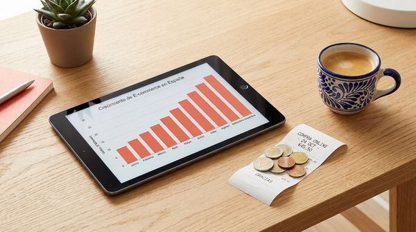 Estadísticas de compras online en España 2026: gráfico de crecimiento del e-commerce con monedas de euro