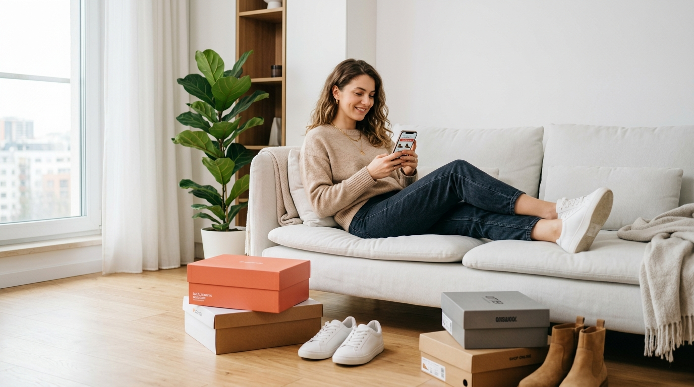 Femeie care cumpara incaltaminte online pe smartphone - ghid magazine cu reduceri Romania