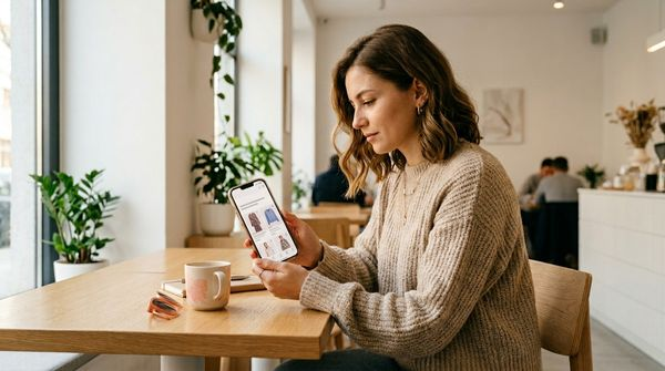 Femeie care cumpara haine online de la Fashion Days pe telefon