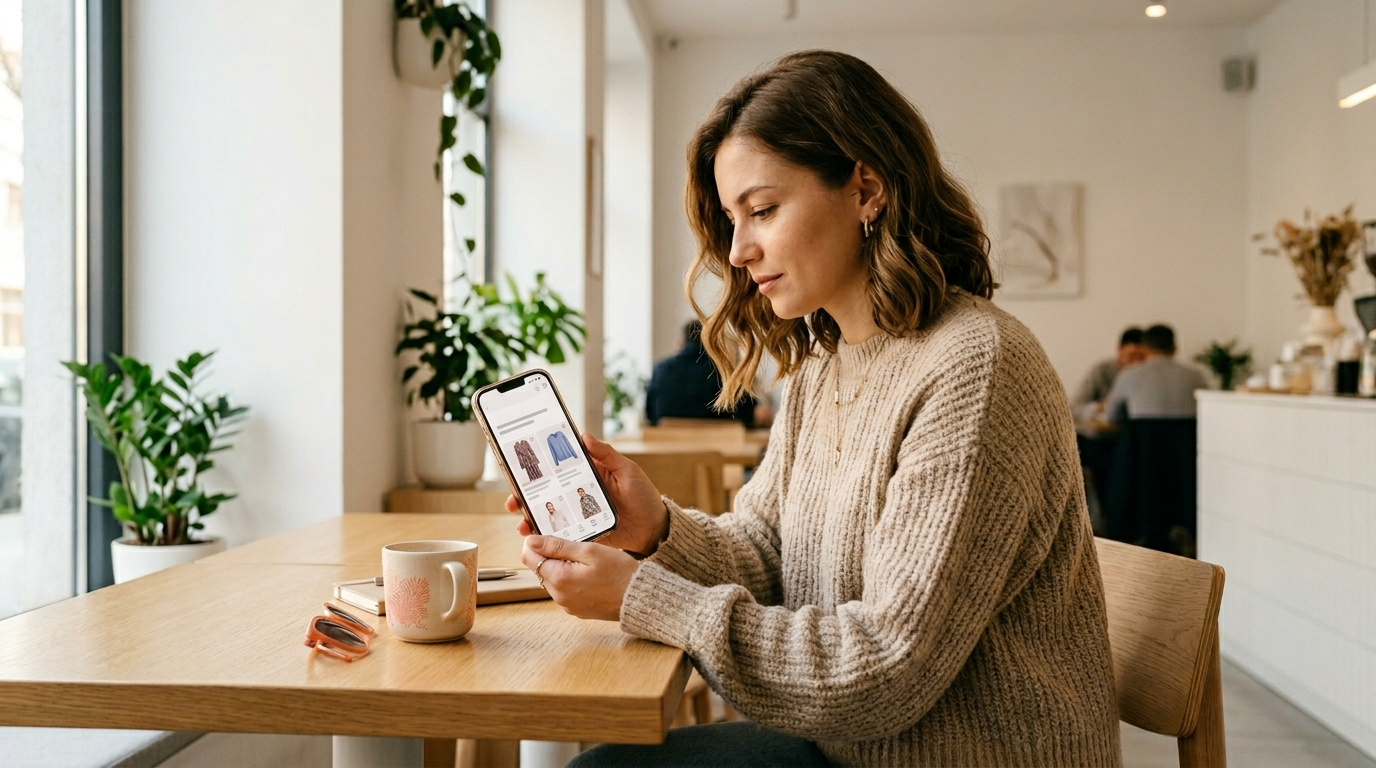 Femeie care cumpara haine online de la Fashion Days pe telefon