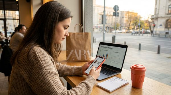 Tanara femeie din Romania navigand aplicatii de shopping online pe smartphone in cafenea - profilul cumparatorului Generatiei Z