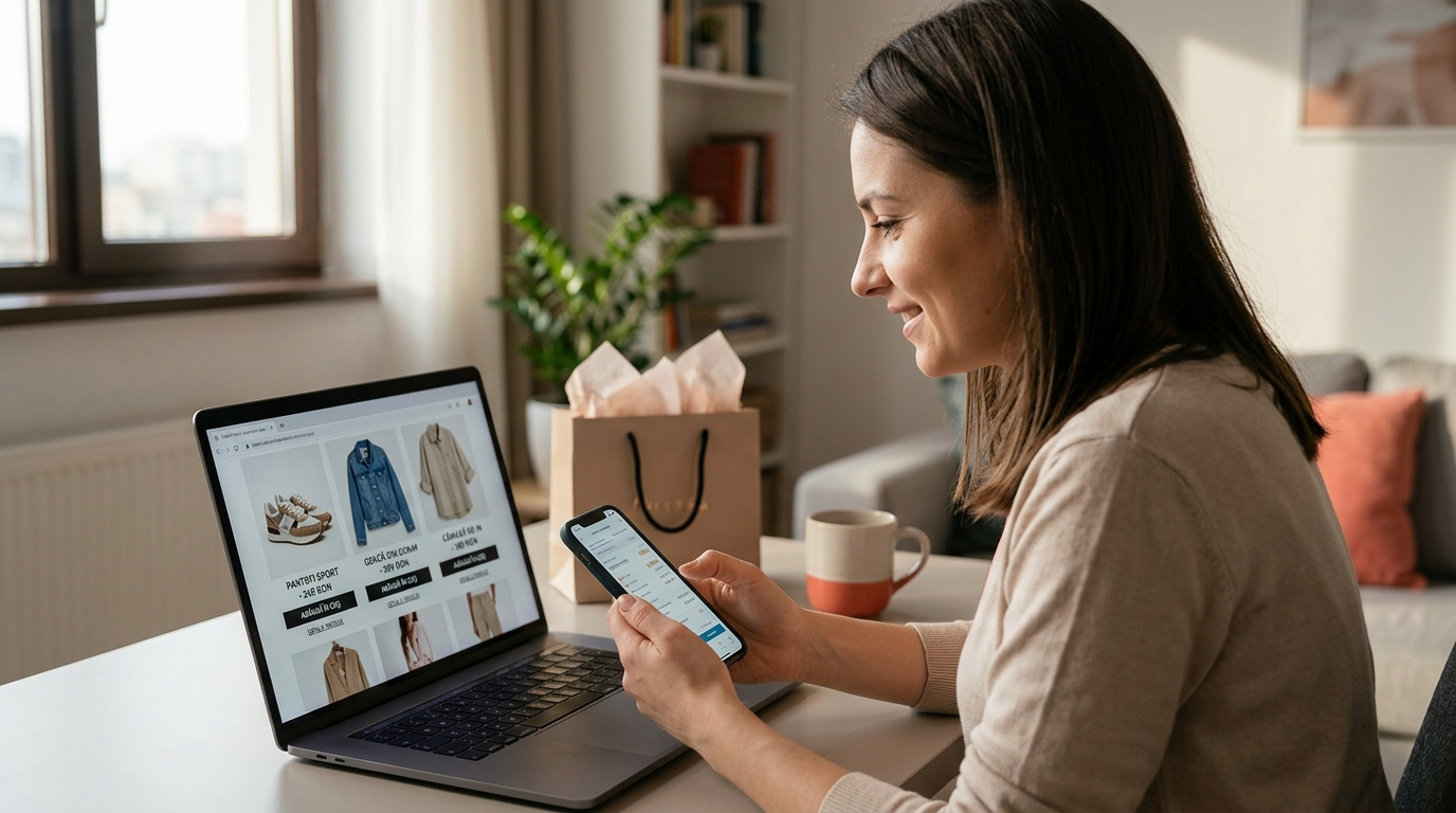 Femeie care cumpara fashion online pe laptop si compara reduceri Modivo in apartament