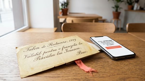 Talon de reducere din 1887 lângă smartphone modern cu cod de reducere, ilustrând istoria cupoanelor de la origini la era digitală