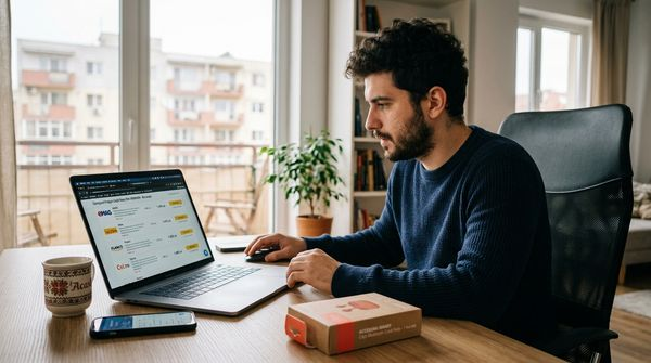 Barbat compara preturile la magazine de electronice online din Romania pe laptop