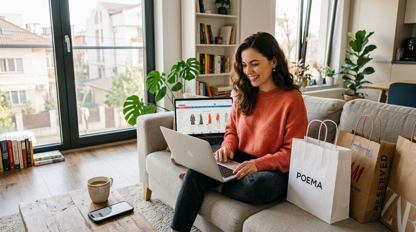 Femeie care face cumpărături de fashion online cu reduceri în România