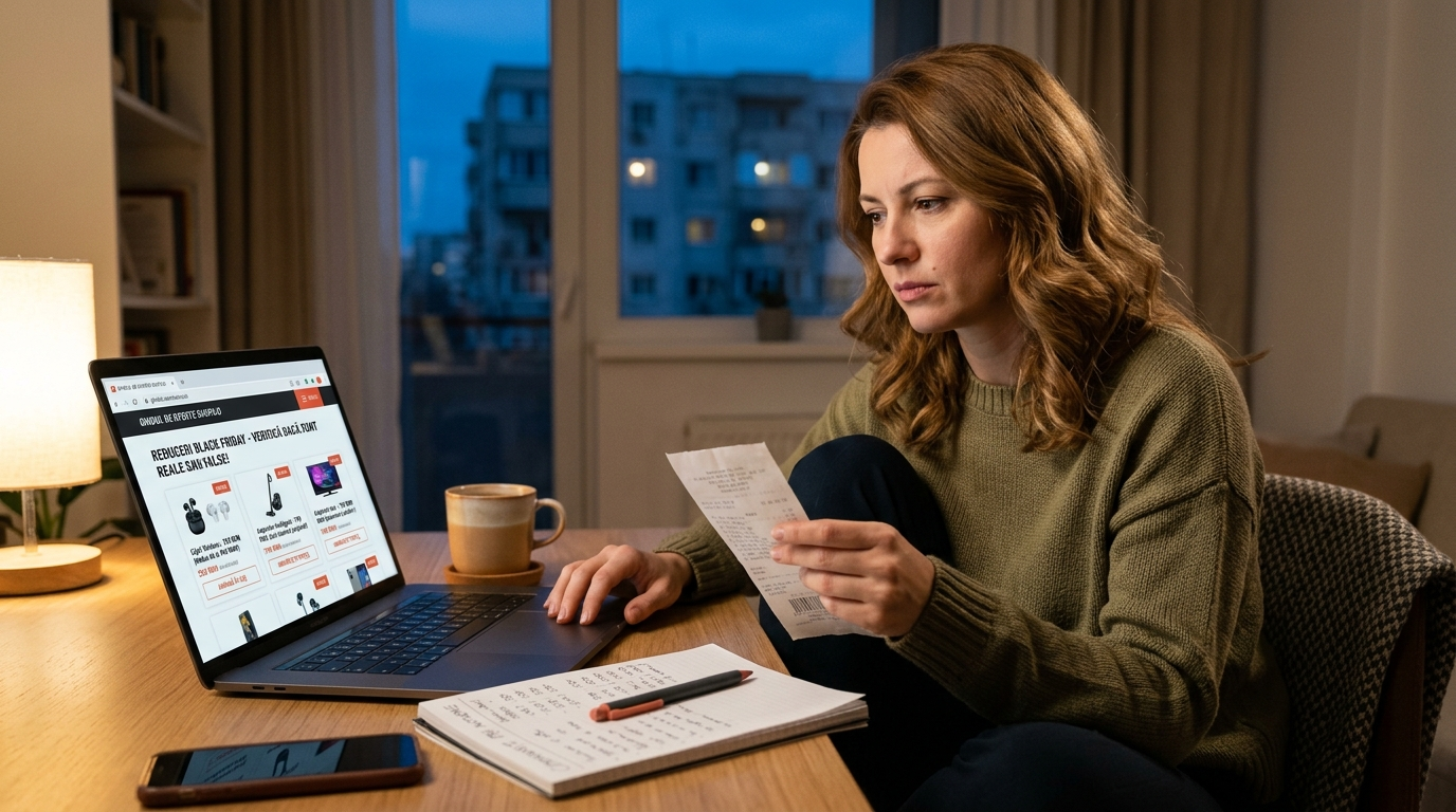 Femeie română verificând prețurile de Black Friday pe laptop, comparând reducerile cu chitanțe — mituri Black Friday România