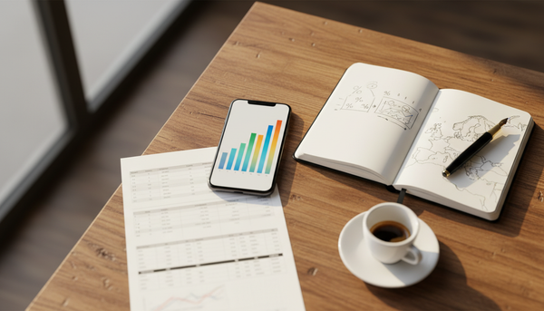 Scrivania con smartphone, grafici stampati e taccuino: dati sugli acquisti online degli italiani