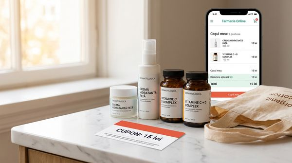 Produse farmaceutice și suplimente pe marmură cu voucher de 15 lei și telefon la checkout Spring Farma