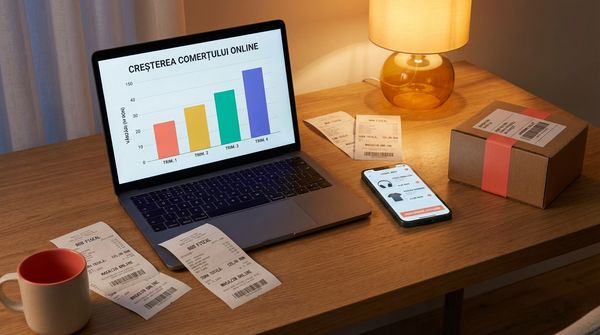 Statistici cumparaturi online Romania 2026 - grafic crestere piata e-commerce pe un laptop