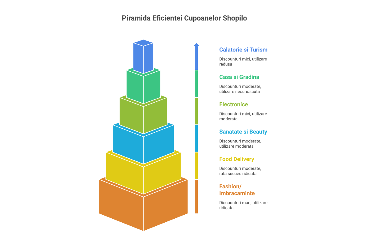 Piramida eficientei cupoanelor pe categorii in Romania 2026: ranking Shopilo cu 6 categorii de produse