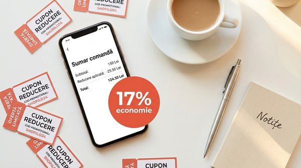 Statistici cupoane si coduri de reducere Romania 2026: smartphone cu checkout si cupoane pe birou