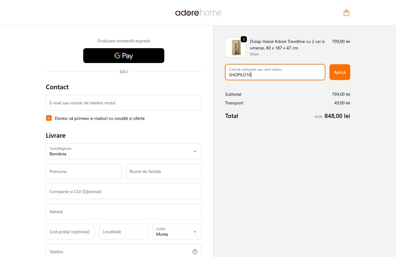 Unde introduci codul de reducere pe site-ul Adorehome
