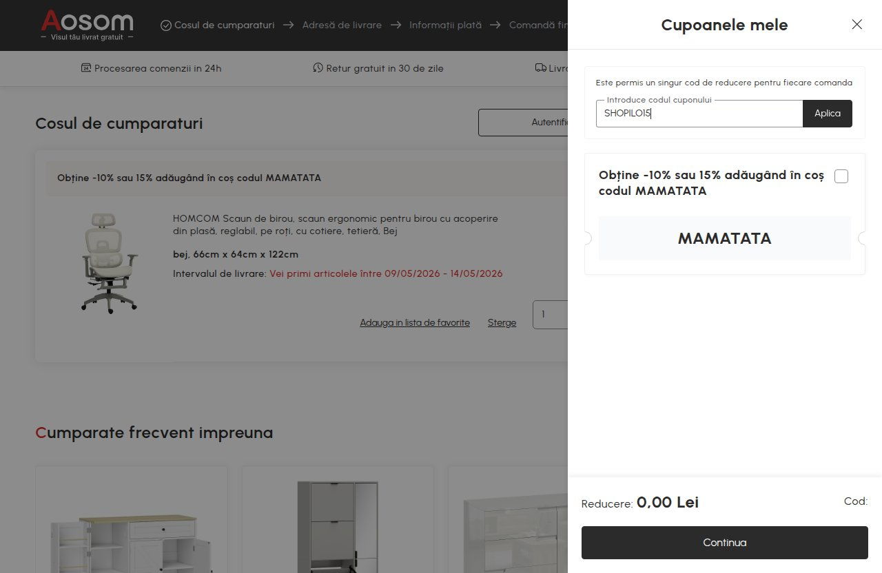 Unde introduci codul de reducere pe site-ul Aosom