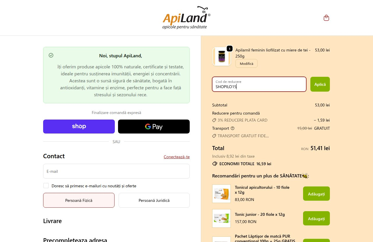Unde introduci codul de reducere pe site-ul Apiland
