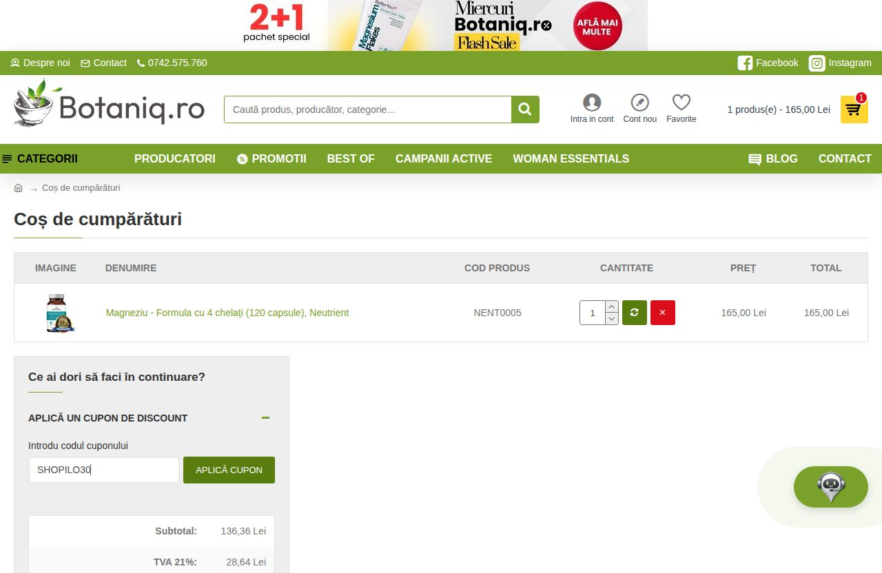 Unde introduci codul de reducere pe site-ul Botaniq