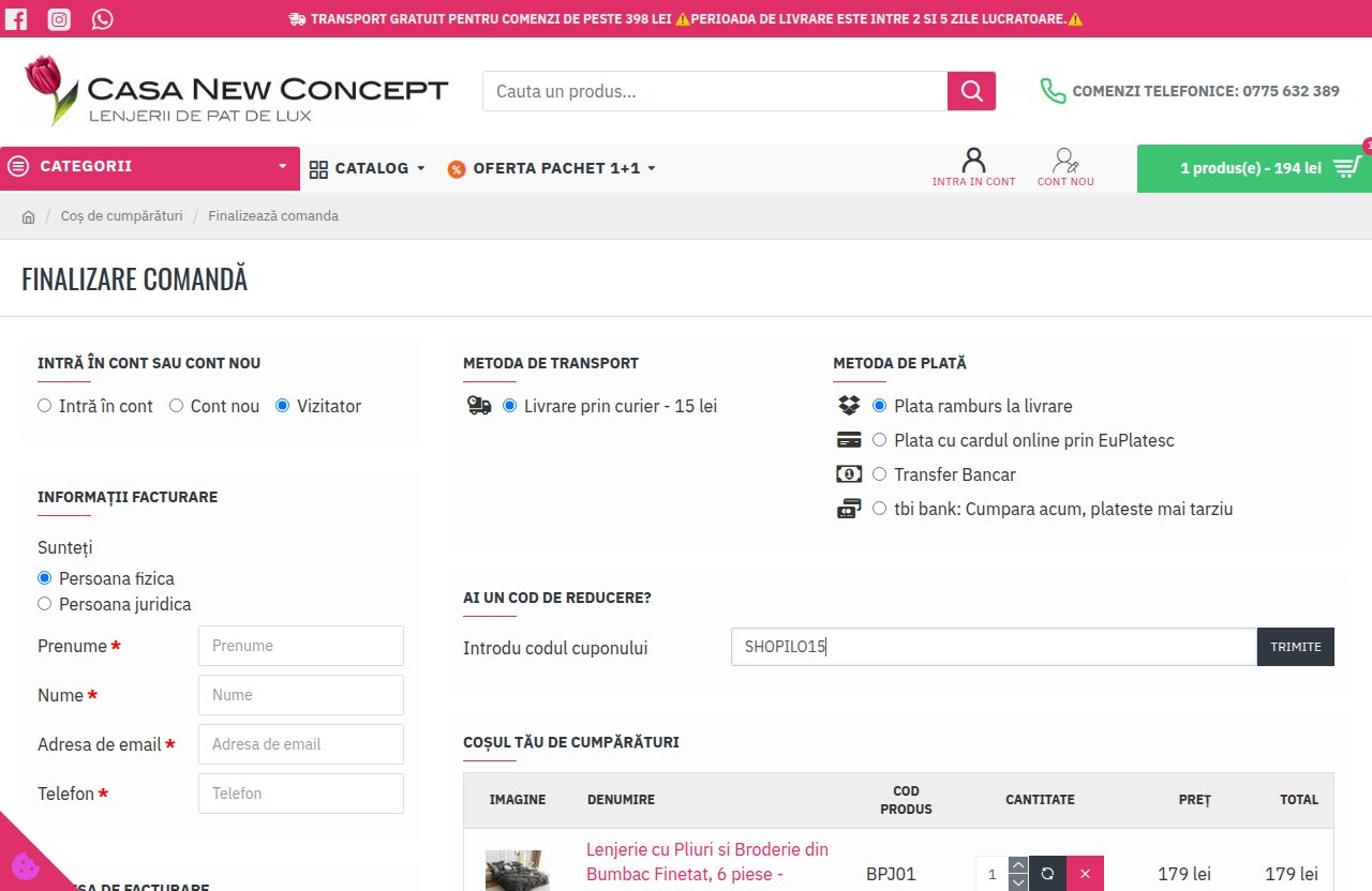 Unde introduci codul de reducere pe site-ul Casa New Concept