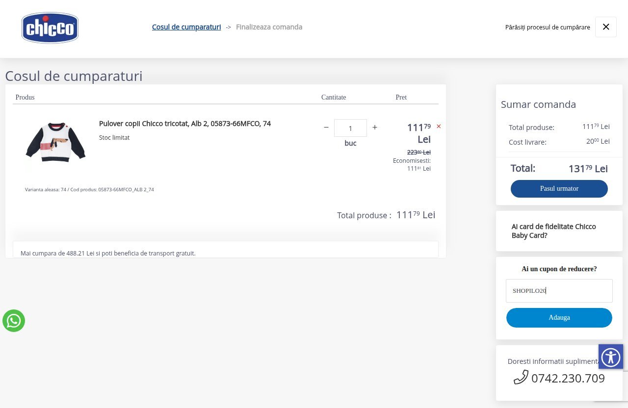 Unde introduci codul de reducere pe site-ul Chicco