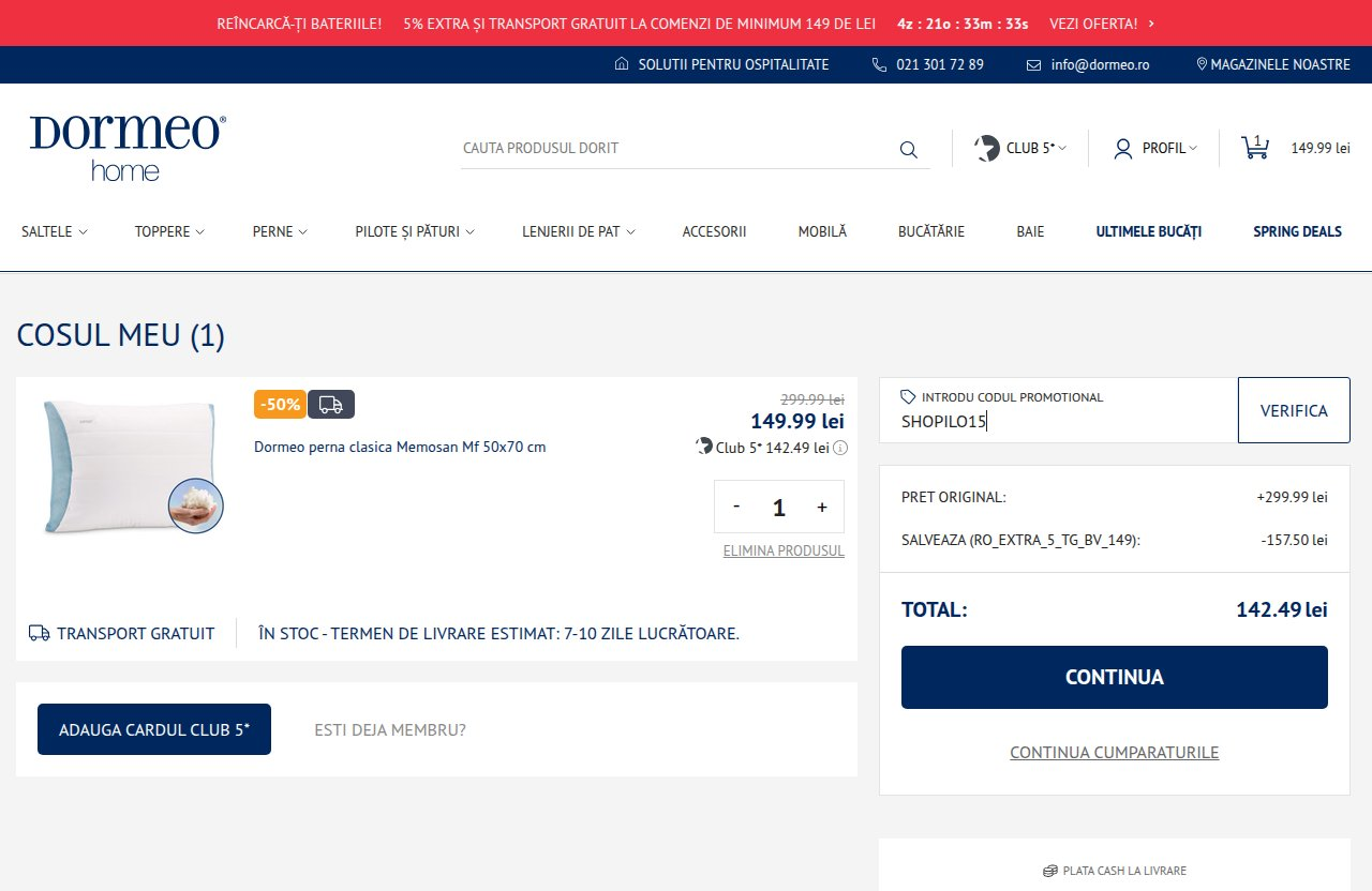 Unde introduci codul de reducere pe site-ul Dormeo