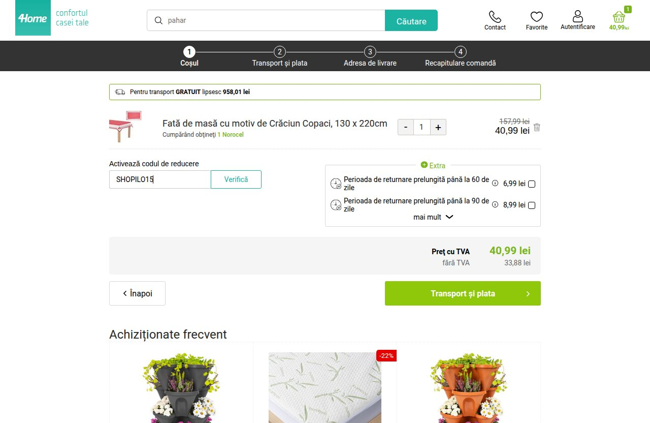 Unde introduci codul de reducere pe site-ul e4Home