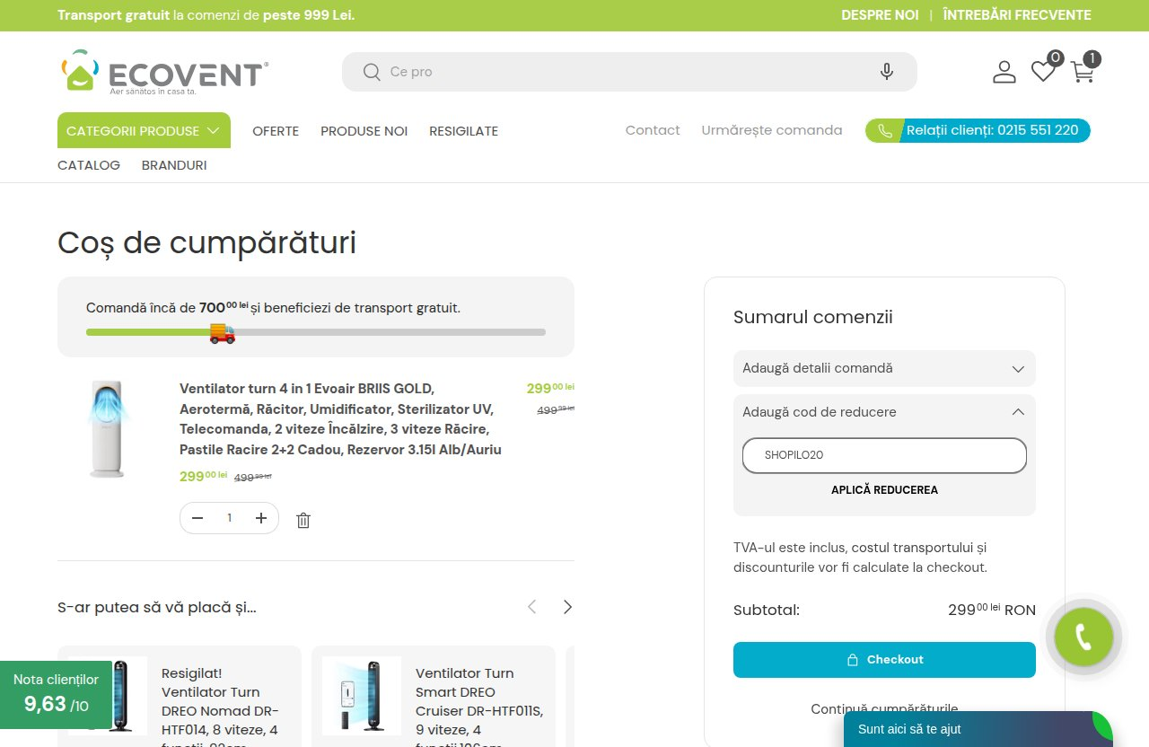 Unde introduci codul de reducere pe site-ul Ecovent