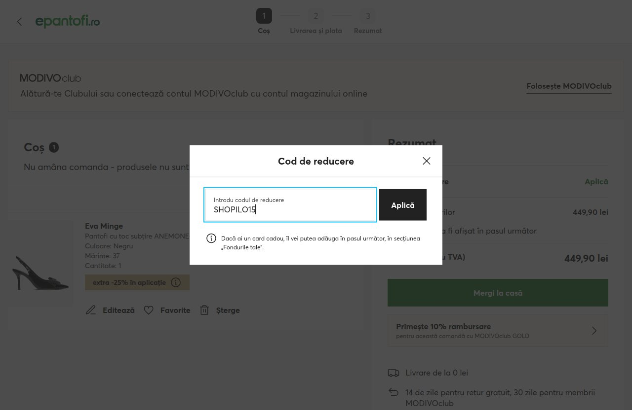 Unde introduci codul de reducere pe site-ul epantofi