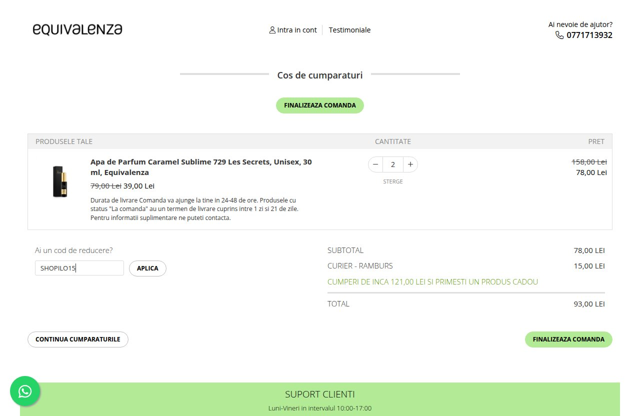 Unde introduci codul de reducere pe site-ul Equivalenza