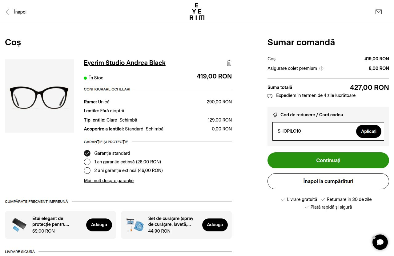 Unde introduci codul de reducere pe site-ul Eyerim