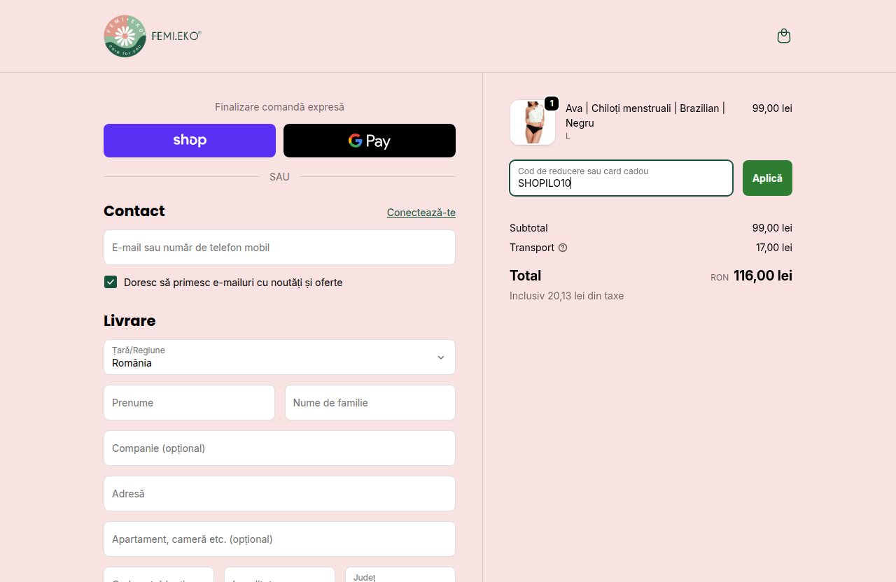 Unde introduci codul de reducere pe site-ul Femieko